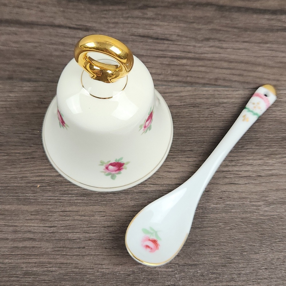 Vintage Ashleydale England Fine Bone China Bell & Spoon Set Pink Roses Gold Trim